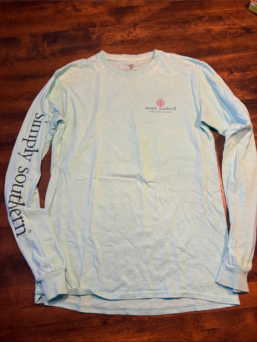 Simply Southern Light Blue Long Sleeve Tee with Navy Sleeve Script